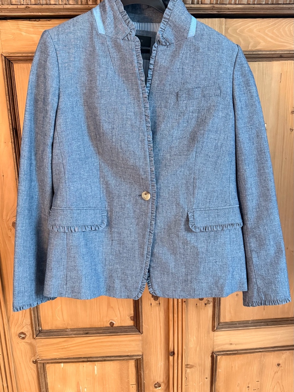 J. Crew Regent Light Blue Ruffle-Trim Single-Button Blazer